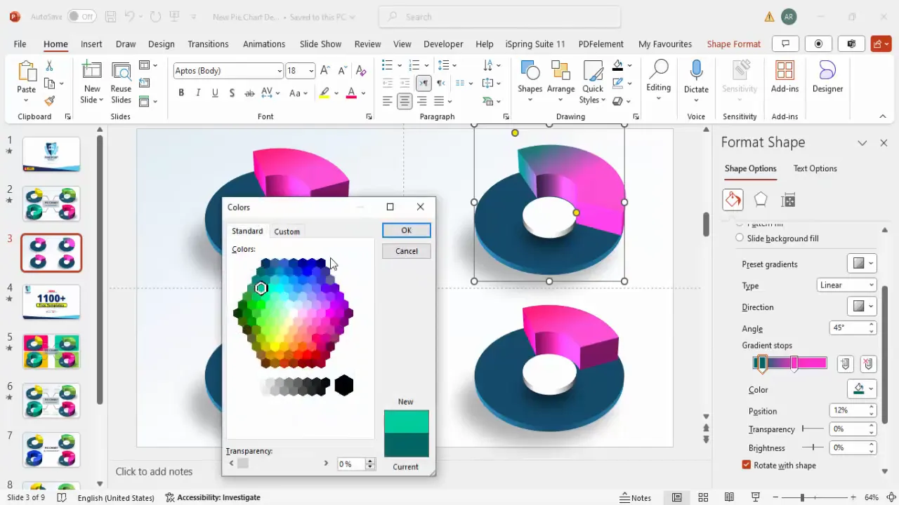 Pie chart slices with different color gradients applied