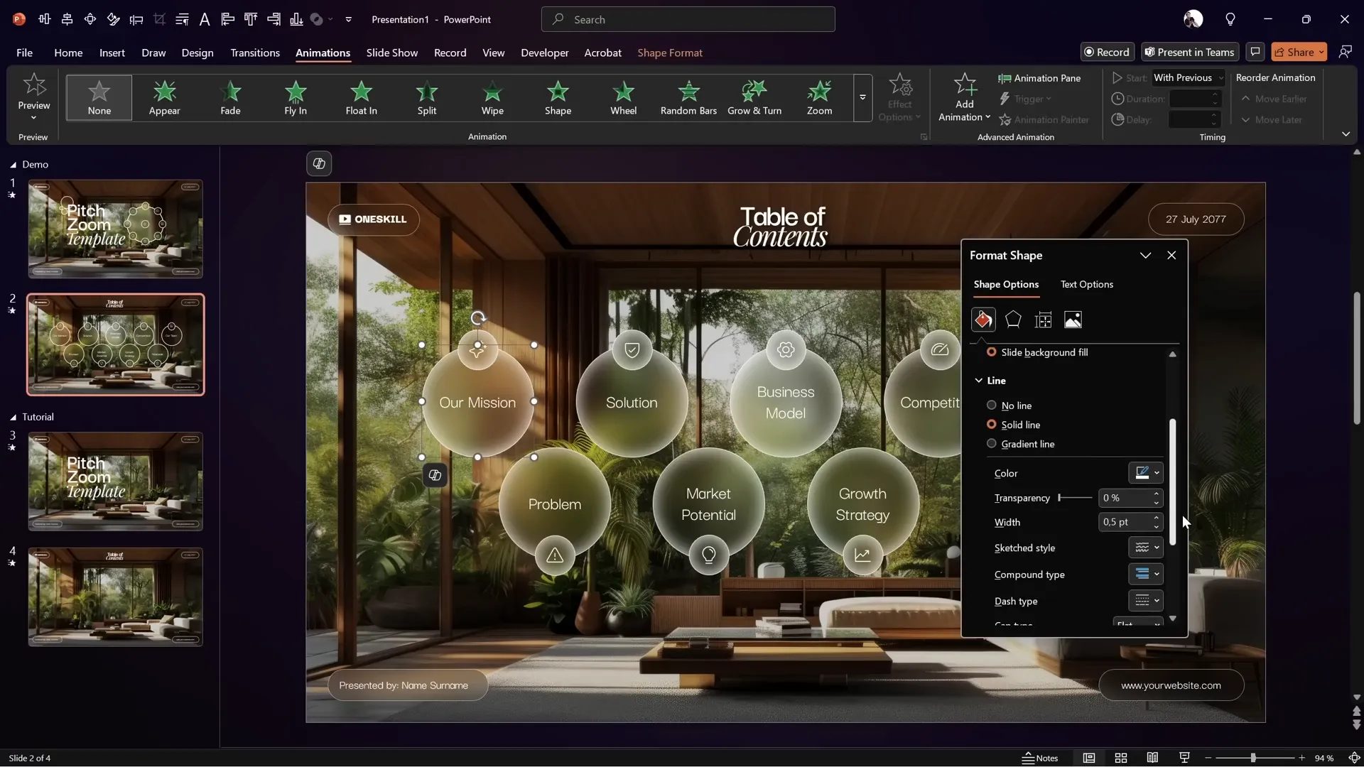 Smooth zoom in transition with morph and table of contents text appearing