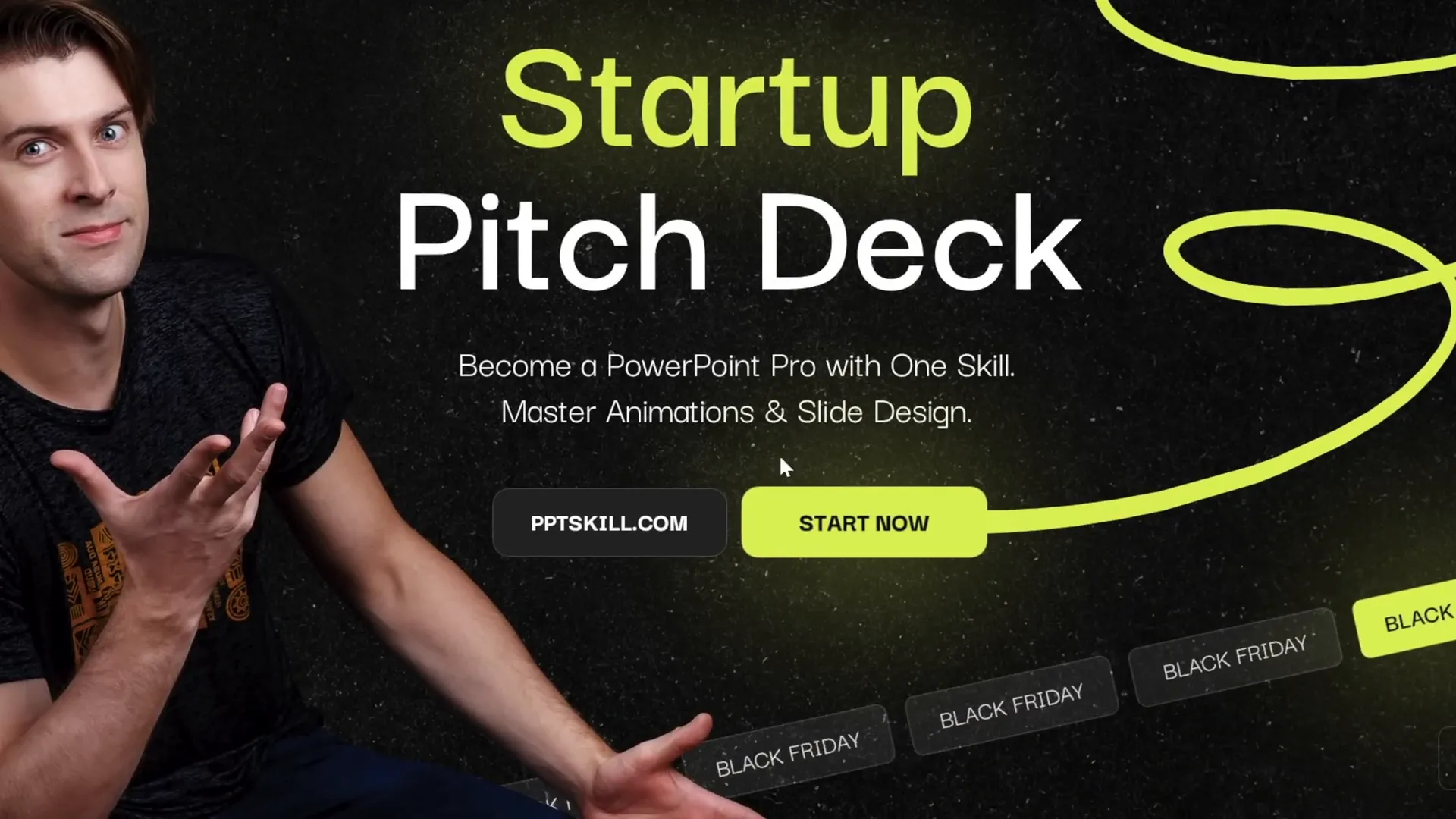Animated PowerPoint slide with scrolling bars, pulsing button, and scribble