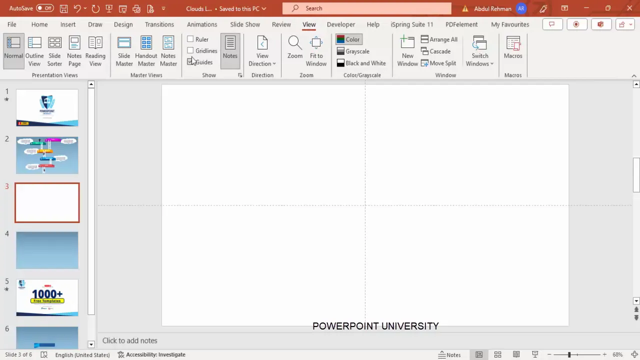 Enabling guides and adding a new slide in PowerPoint