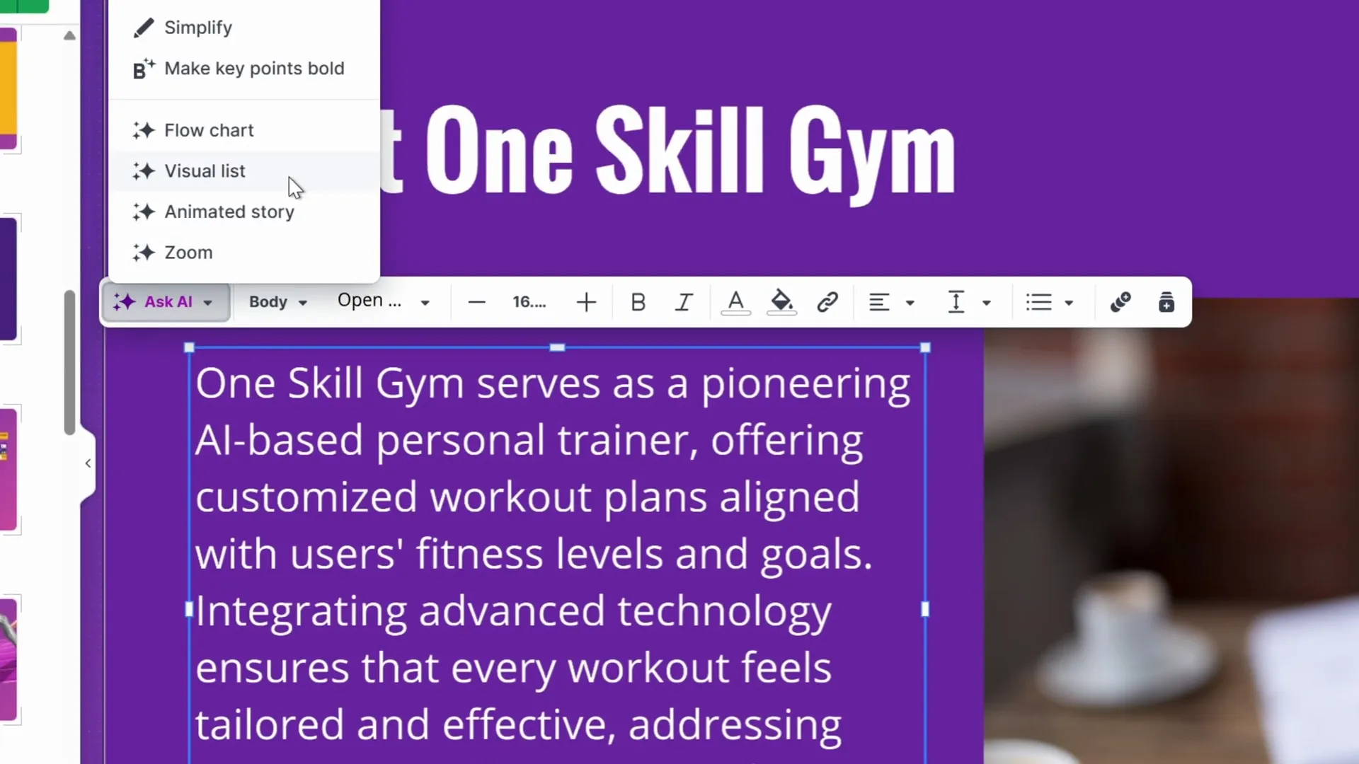 AI transforming text into visual list in Prezi AI