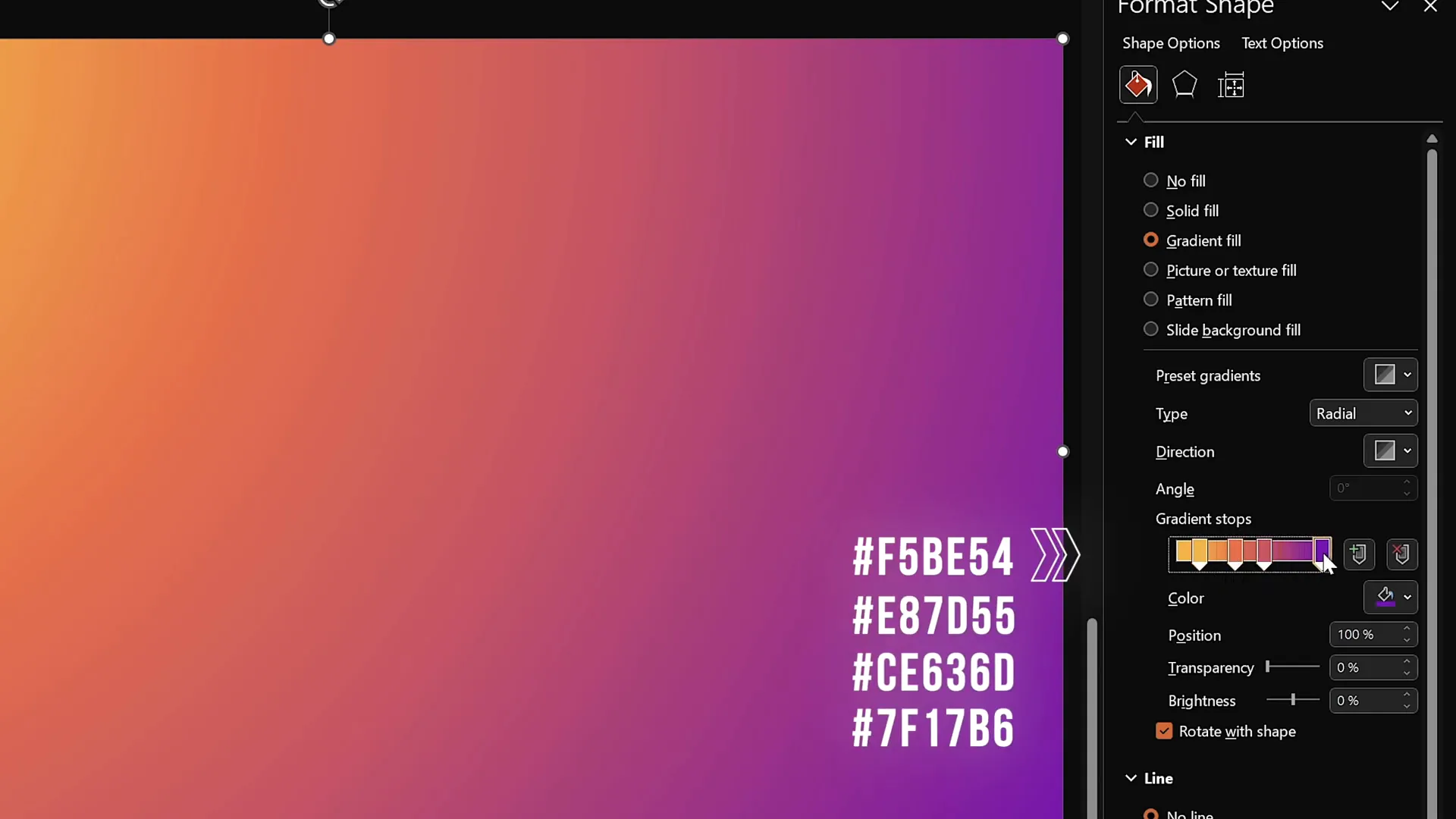 Gradient fill settings showing radial gradient and color stops