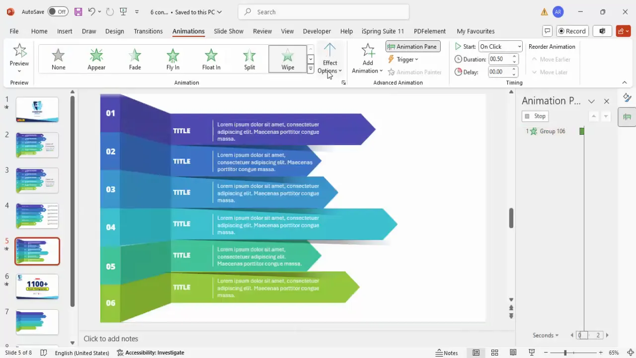 Animation pane showing wipe animations applied to grouped sections