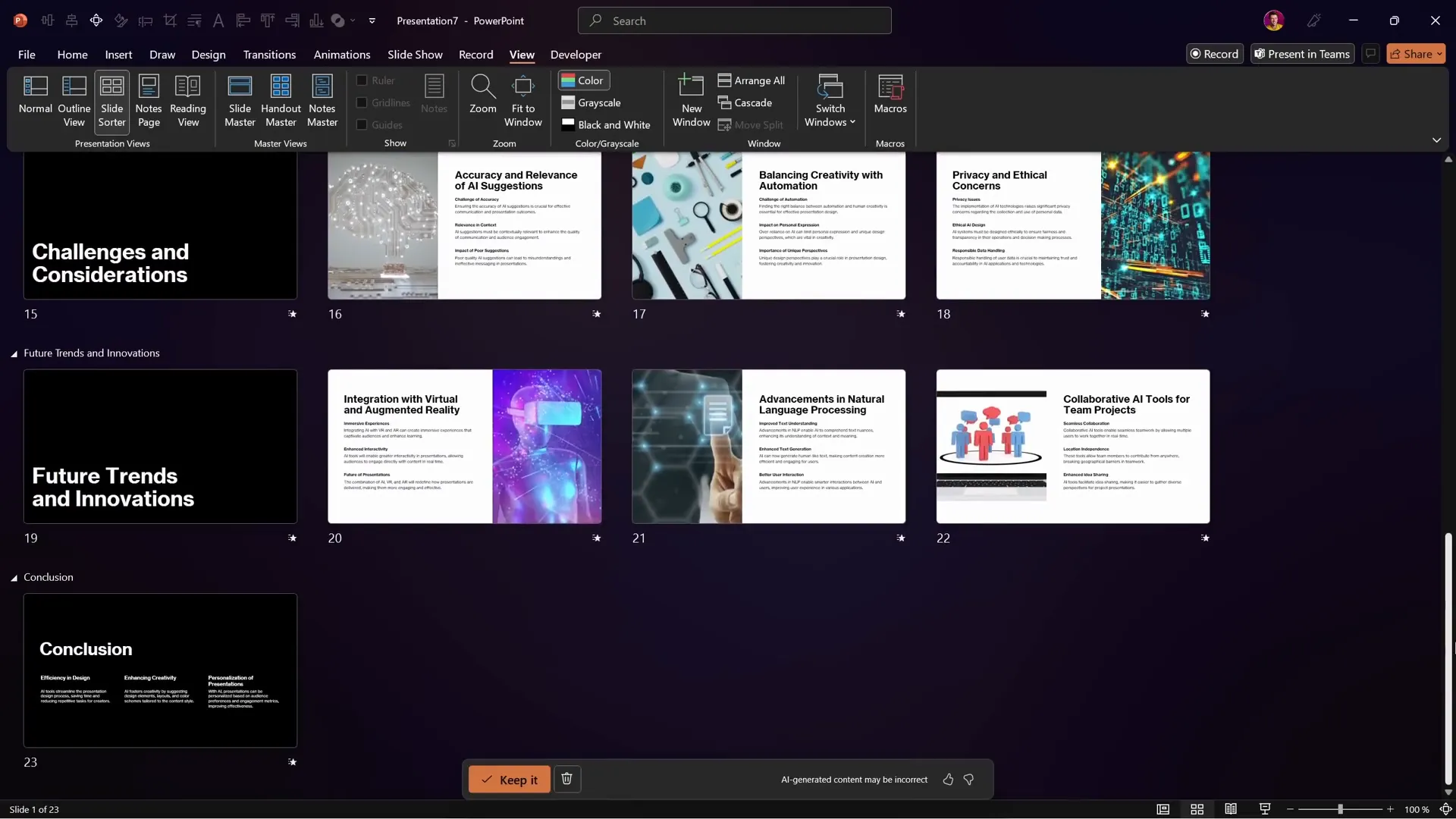 Slide sorter view showing all slides generated by Copilot