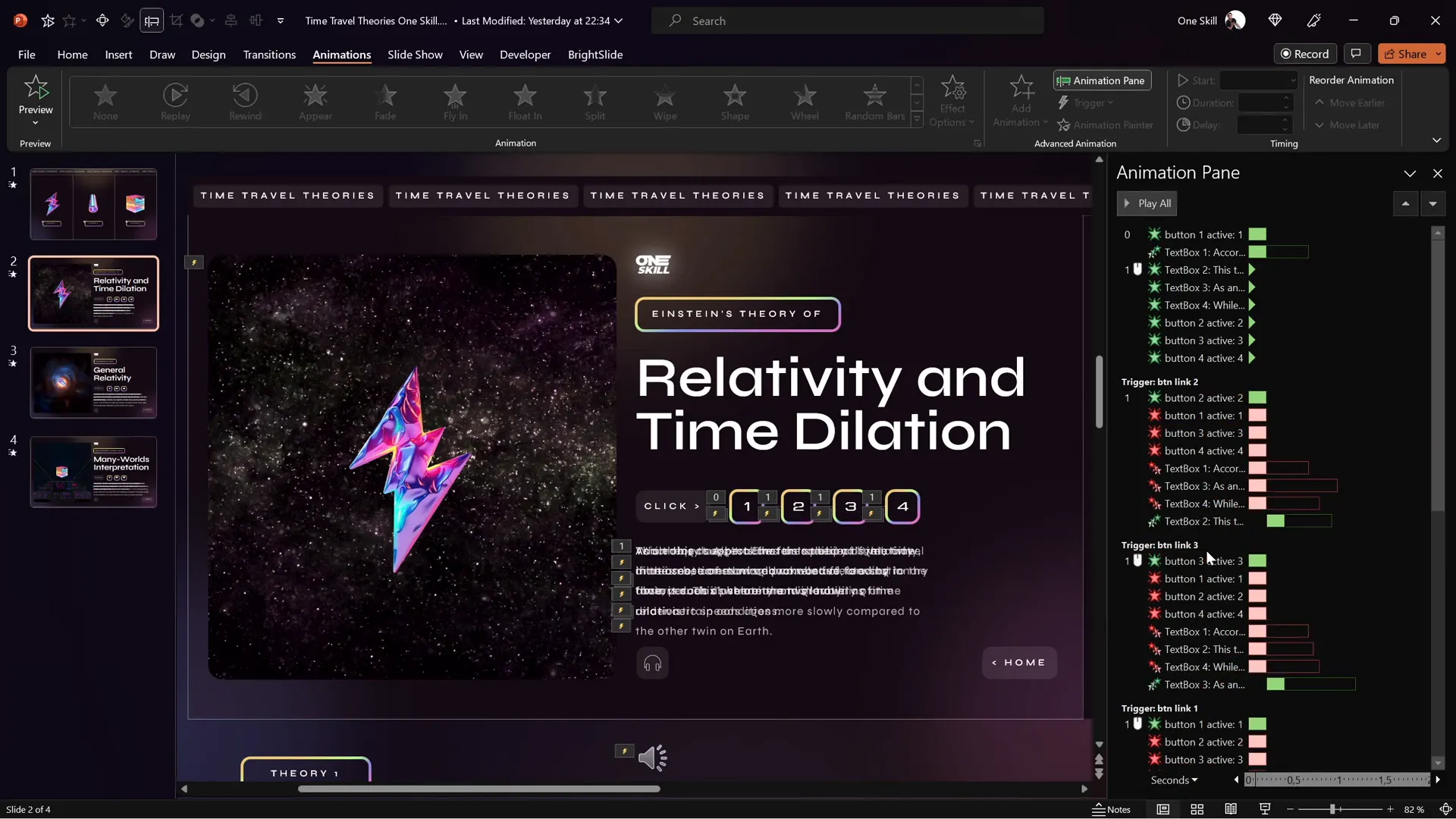 Animation pane showing triggers and entrance/exit animations