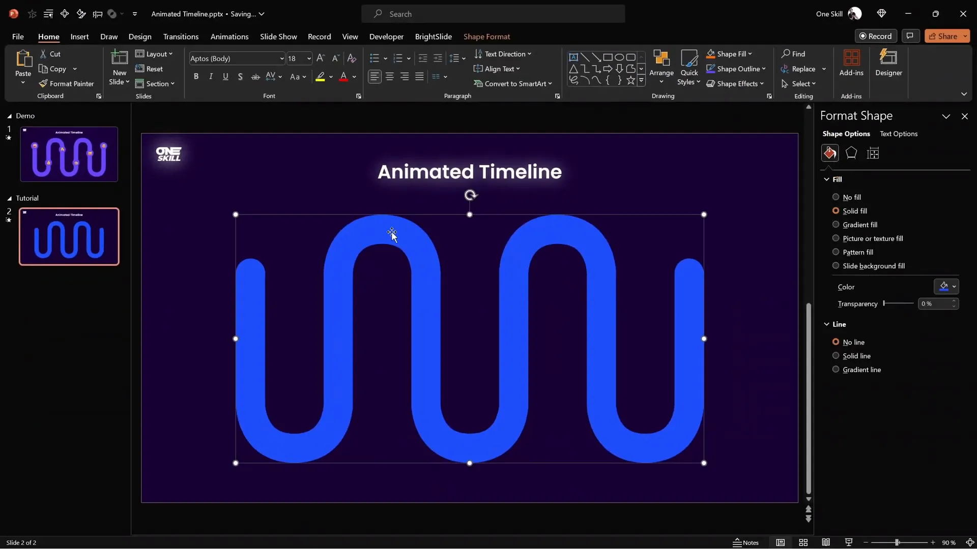 Editable timeline shape inserted into PowerPoint