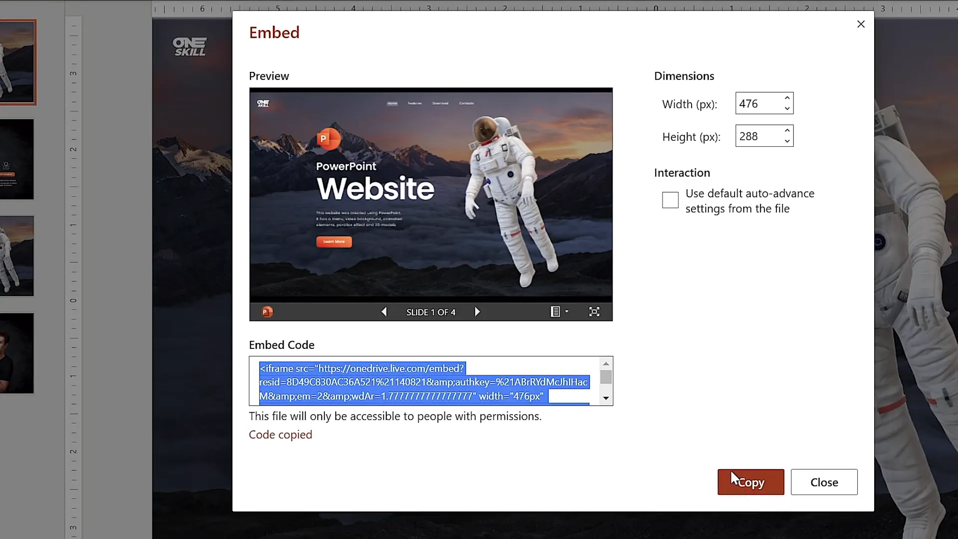 Generating embed code for PowerPoint presentation
