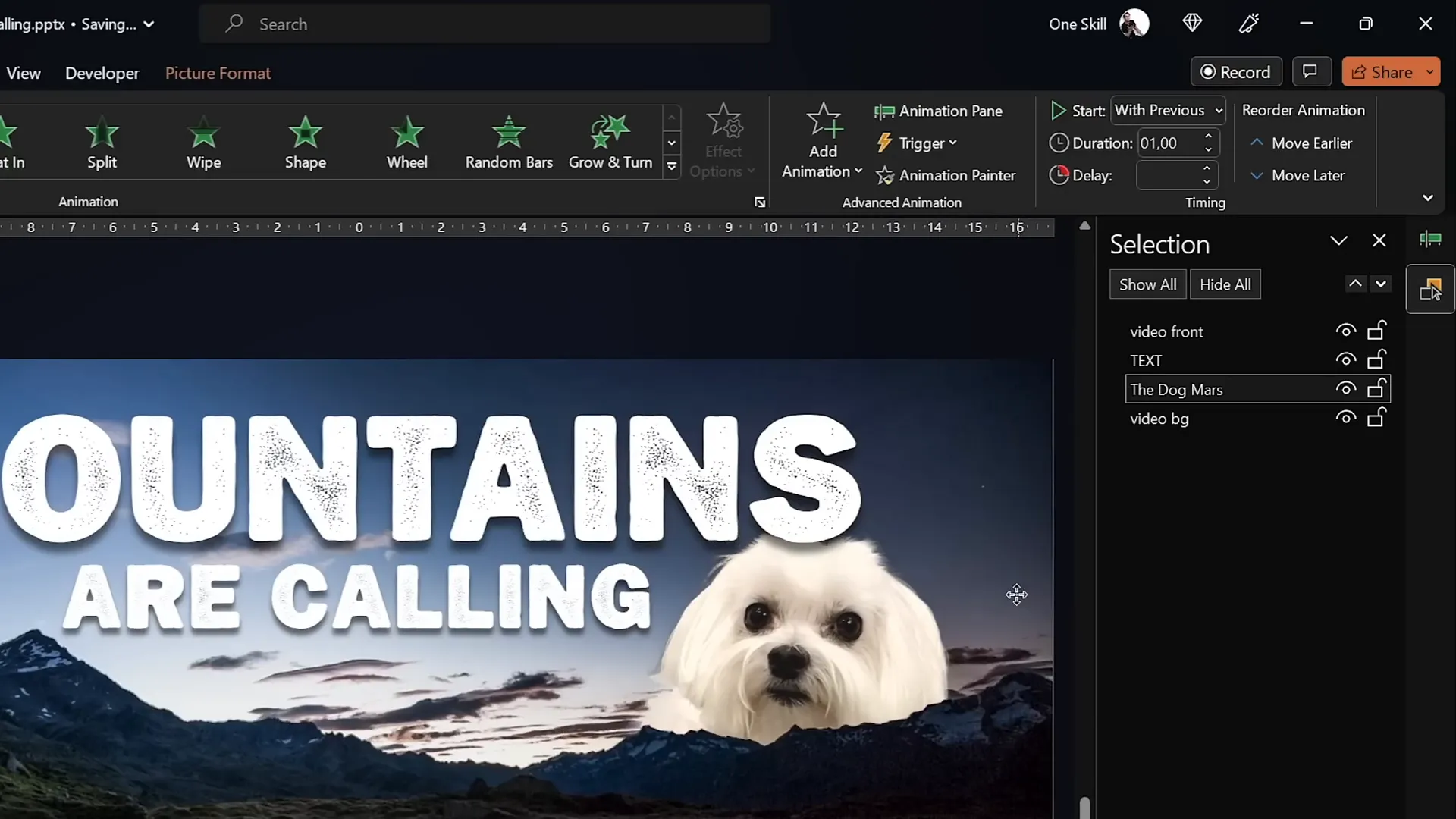 Dog image animated behind the mountains