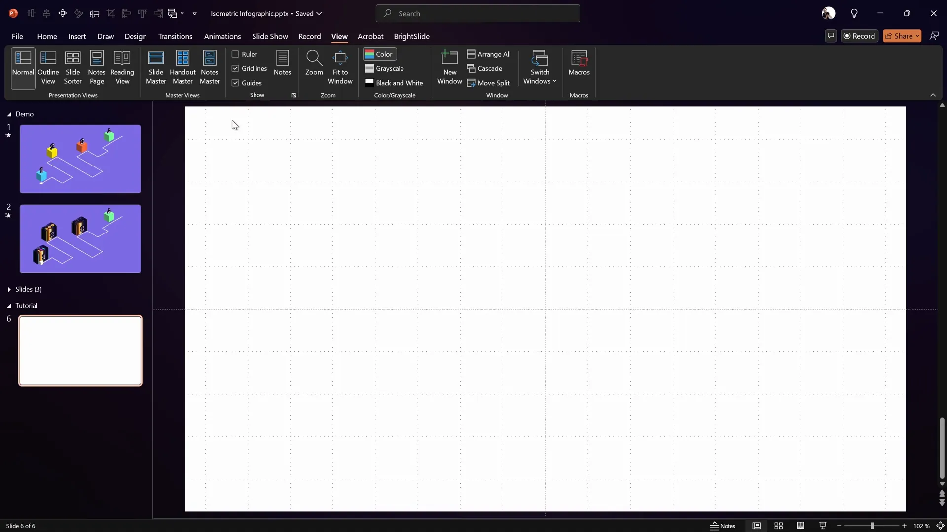 Fresh white PowerPoint slide with guides and gridlines enabled
