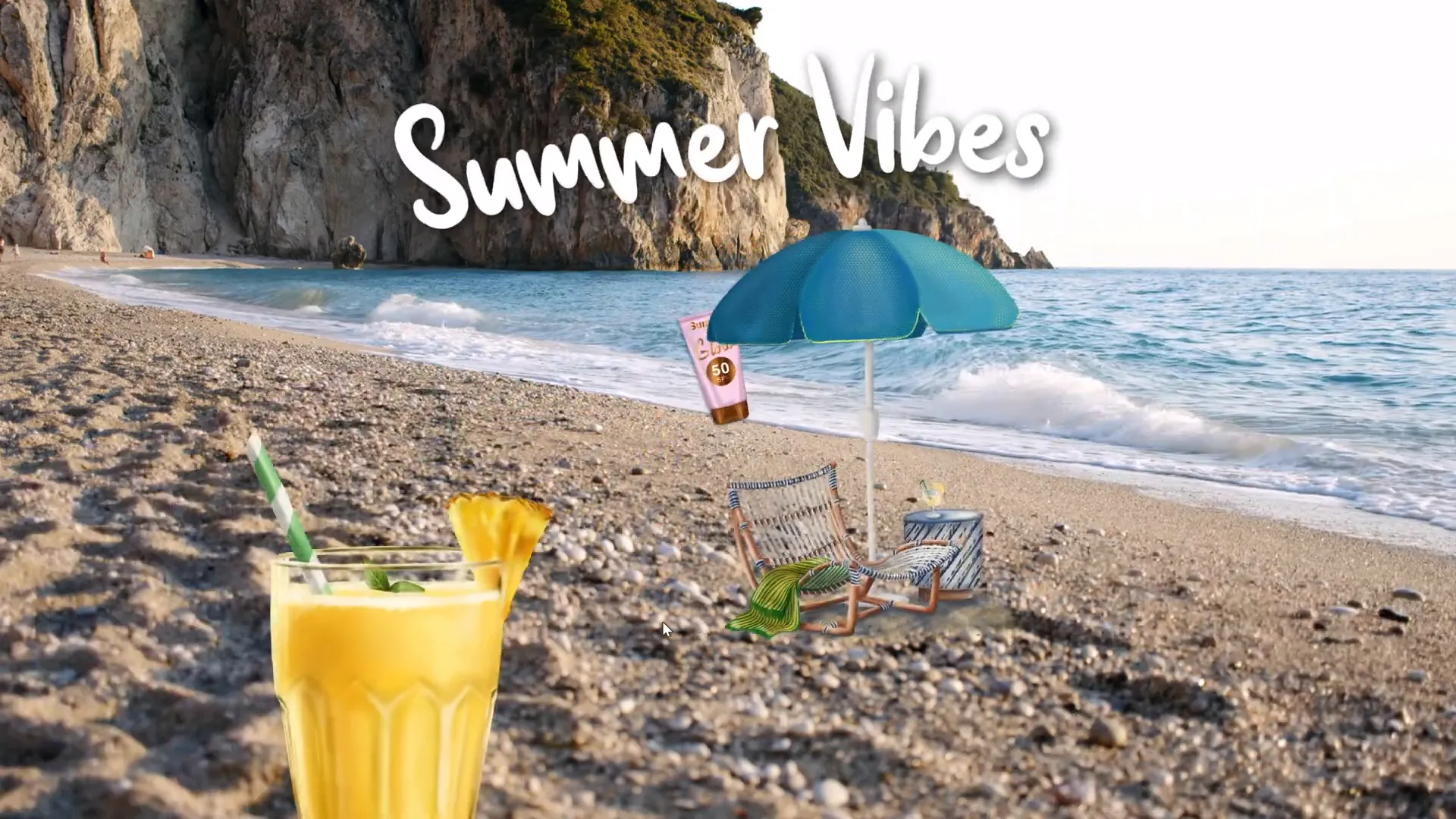 Final animated PowerPoint slide with looping summer illustrations and wavy text