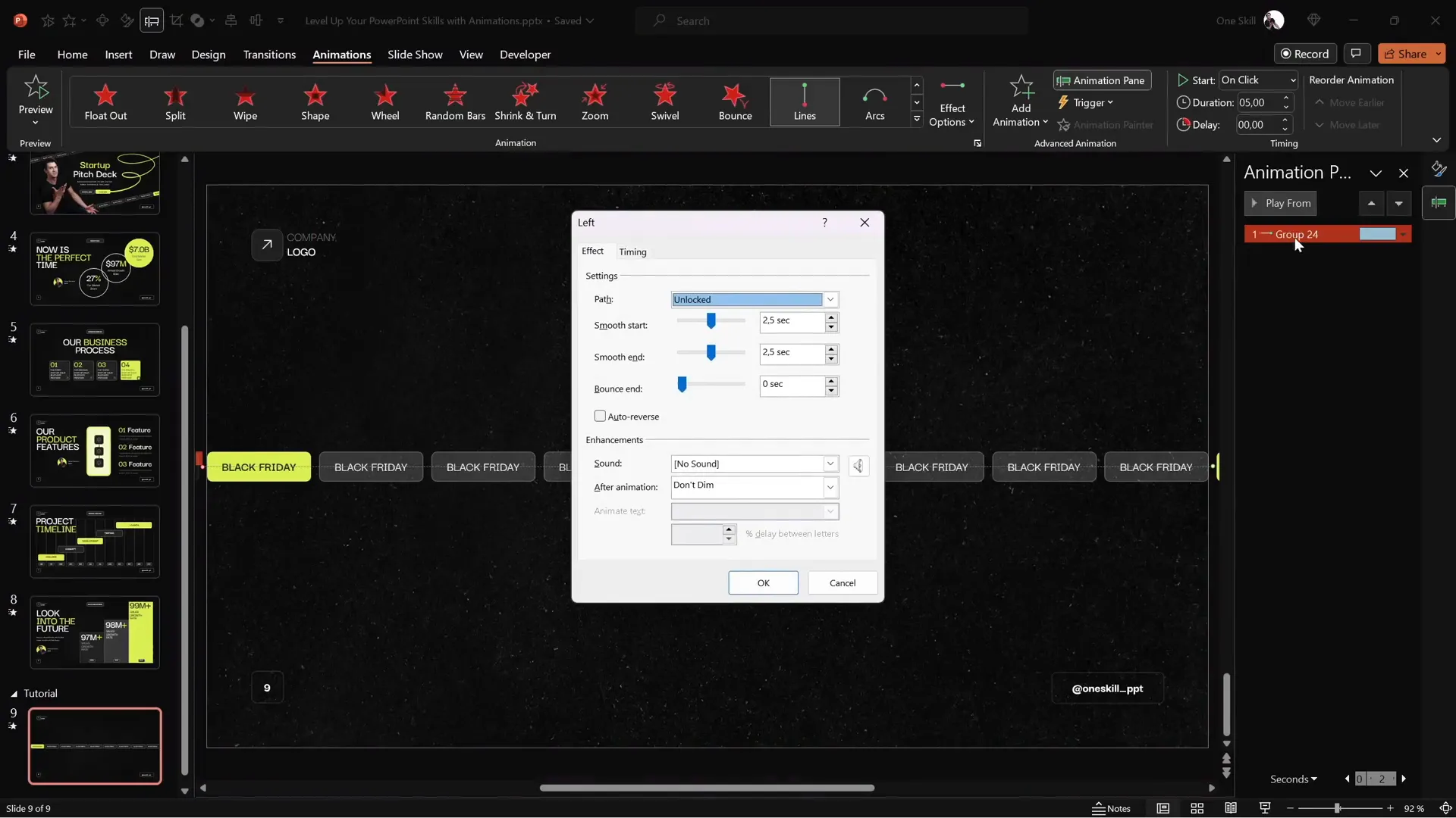 Animation pane showing motion path settings