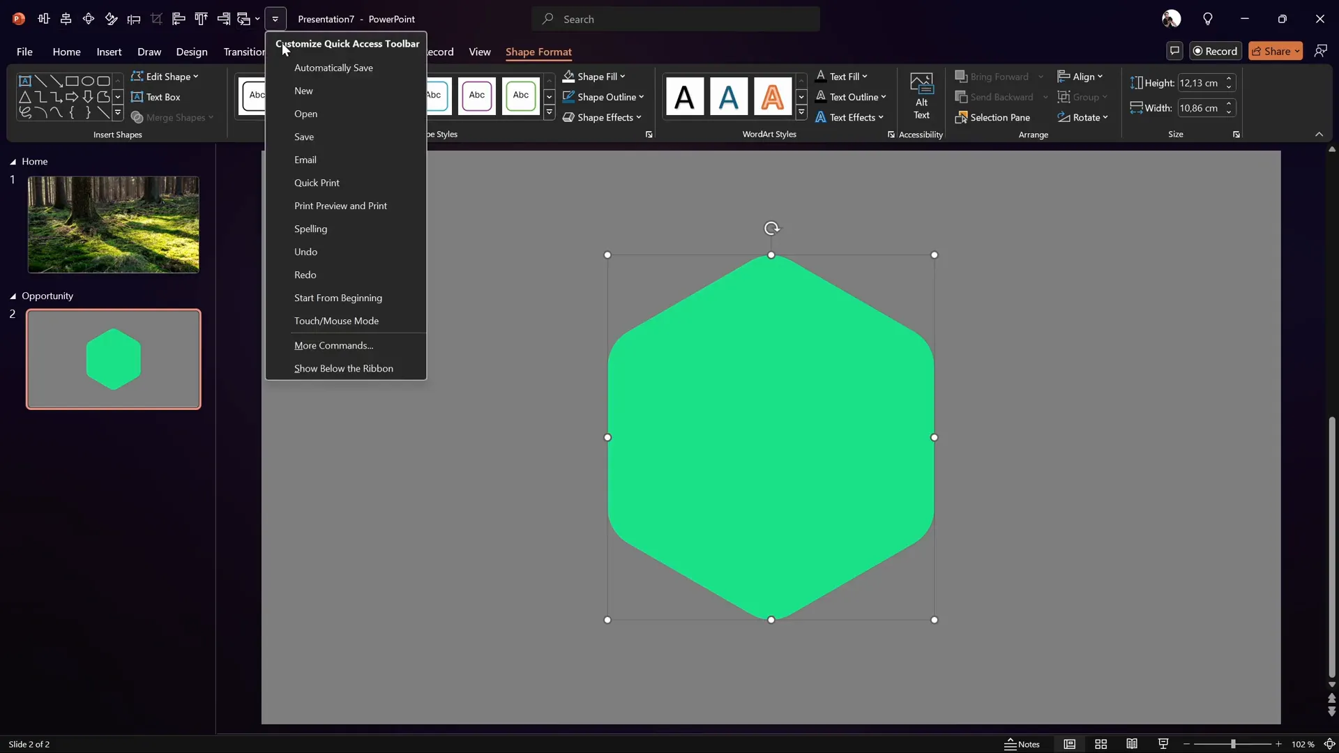 Rounded hexagon inserted and centered in PowerPoint slide