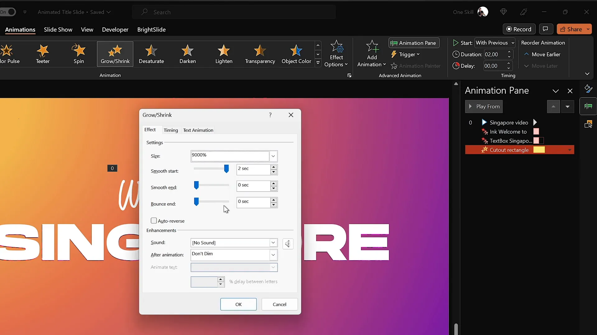Applying grow and shrink animation to cutout rectangle in PowerPoint