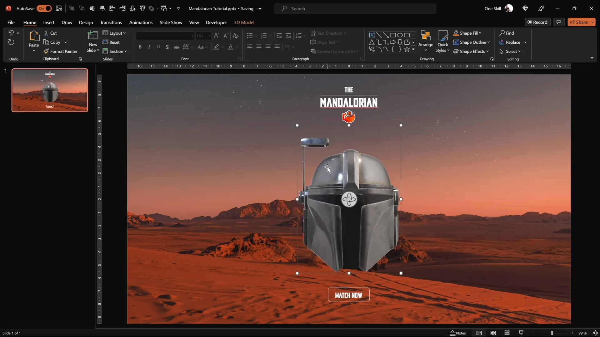 3D Mandalorian helmet inserted on PowerPoint slide