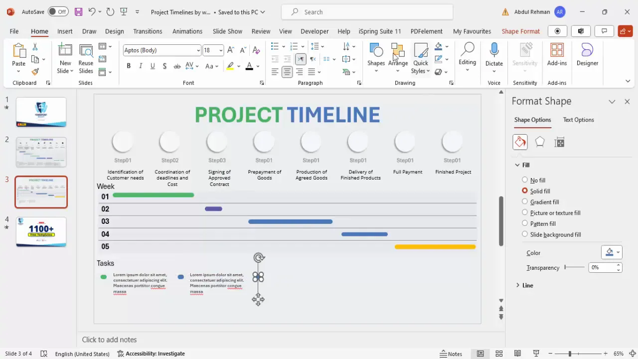 Task details added below timeline with color-coded text boxes
