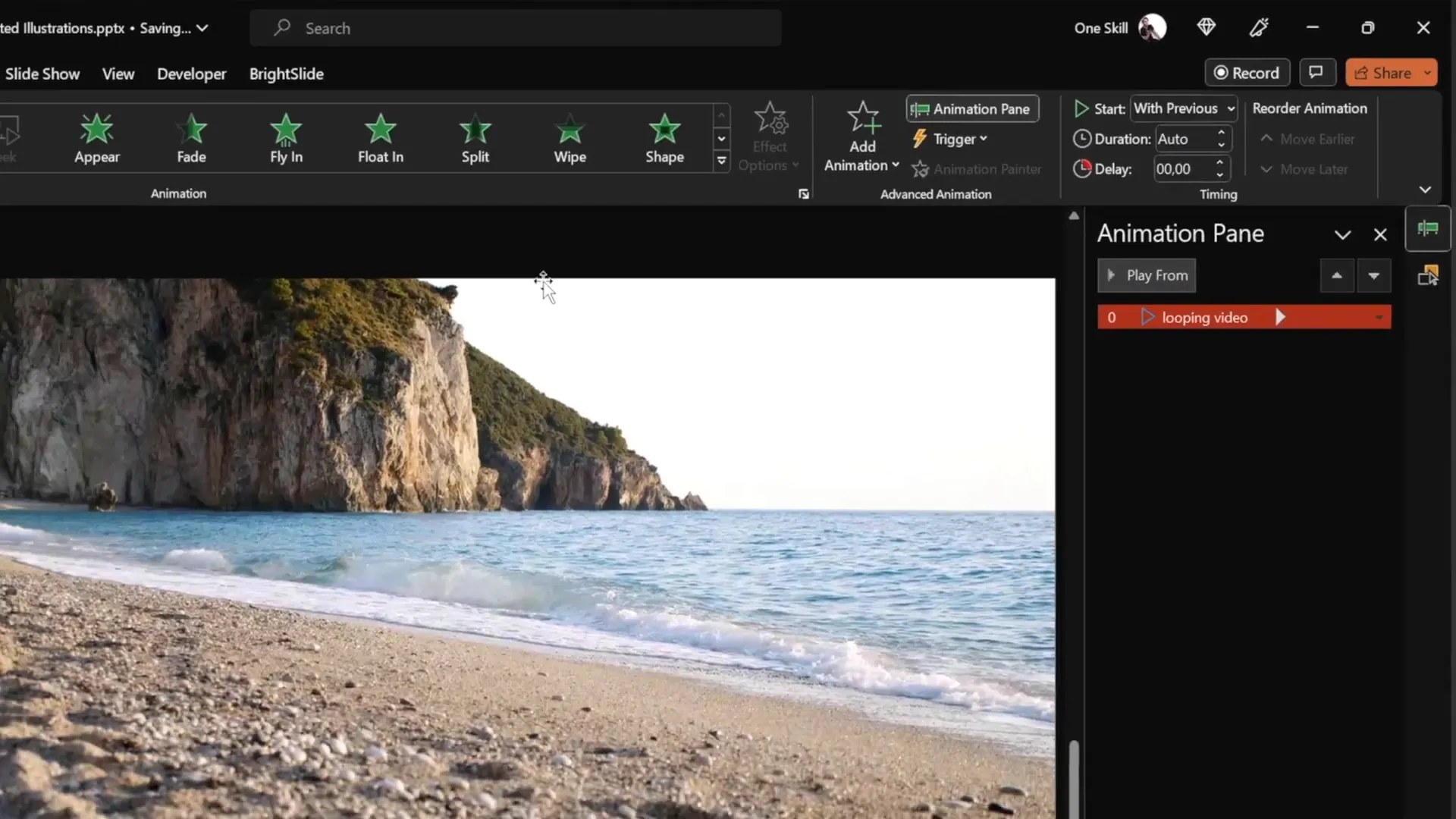 Video pasted on blank slide with looping and autoplay settings configured