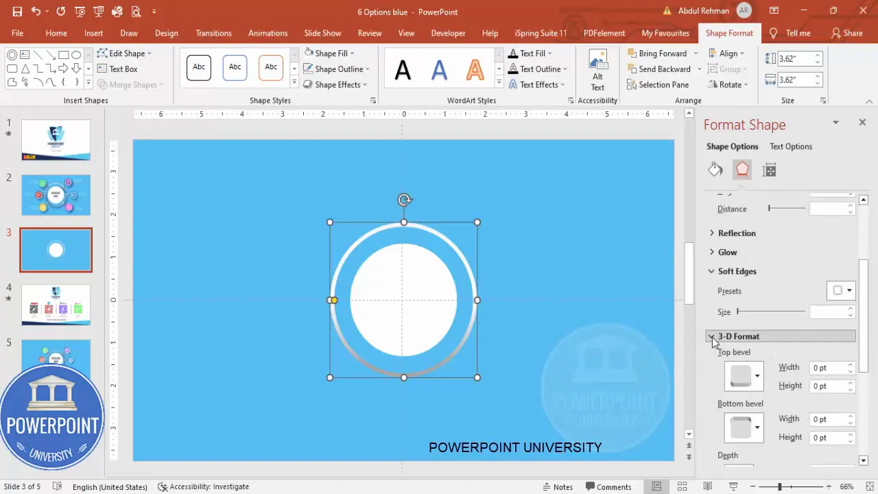 Format Shape dialog with gradient fill and 3D bevel settings