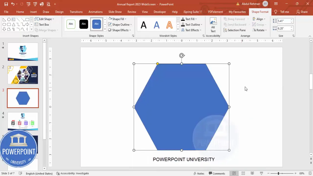 Hexagon selected with size properties and alignment options shown