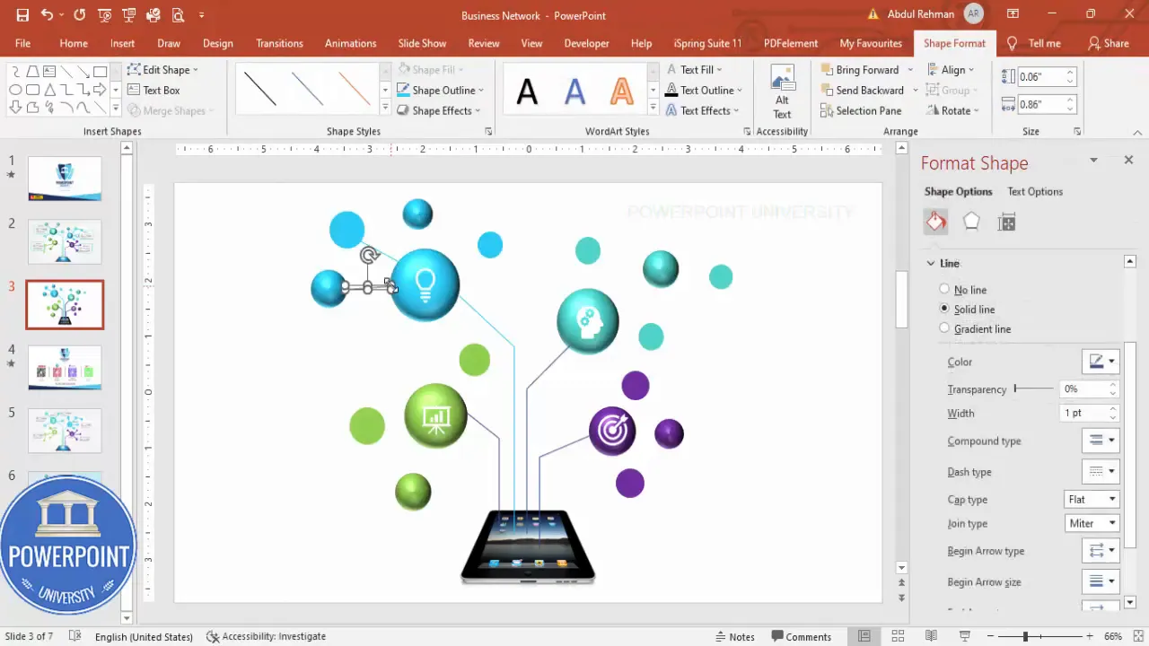 Connectors drawn between sub shapes and main spheres with matching colors