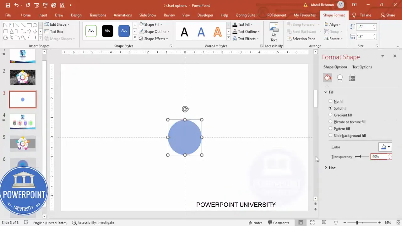 Format Shape pane showing transparency set to 40 percent