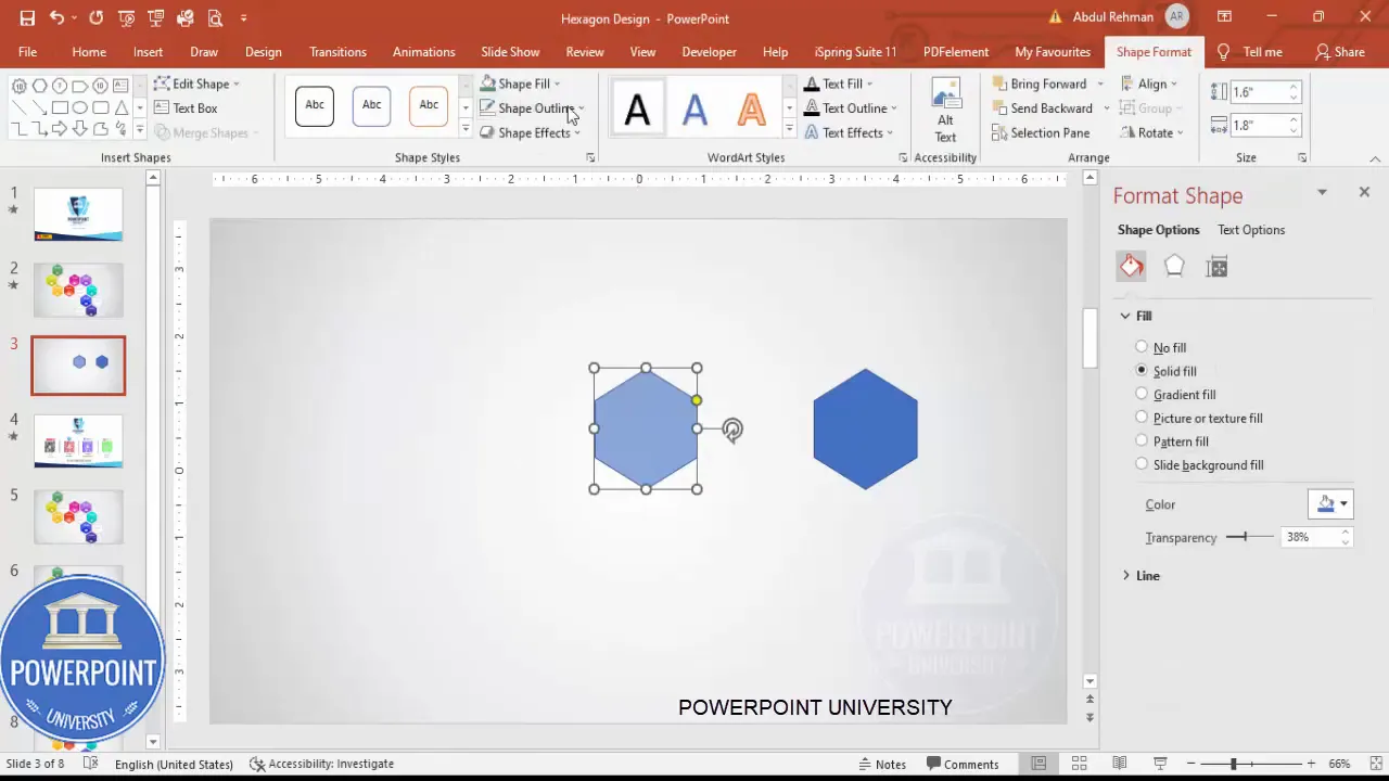 Formatting the hexagon: setting transparency and removing outline in Format Shape