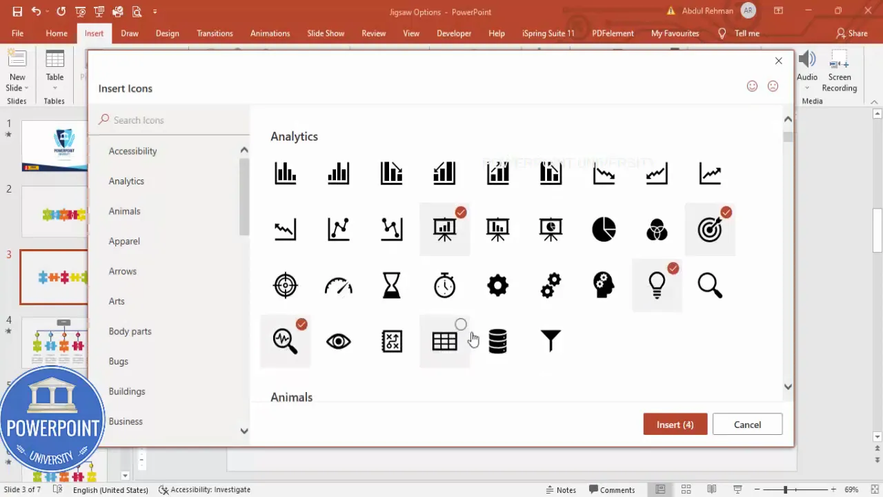 Insert icons dialog and example icons placed on pieces