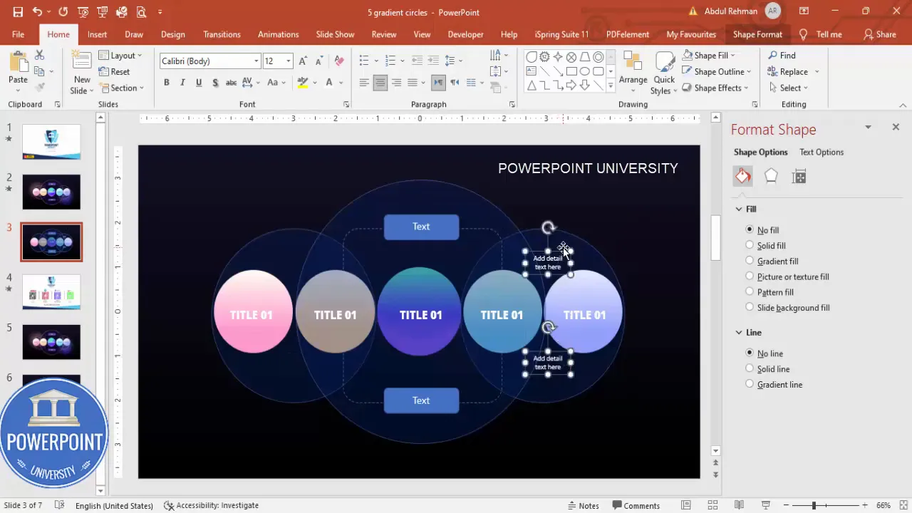 Adding detailed supporting text beneath the circle group with smaller white font