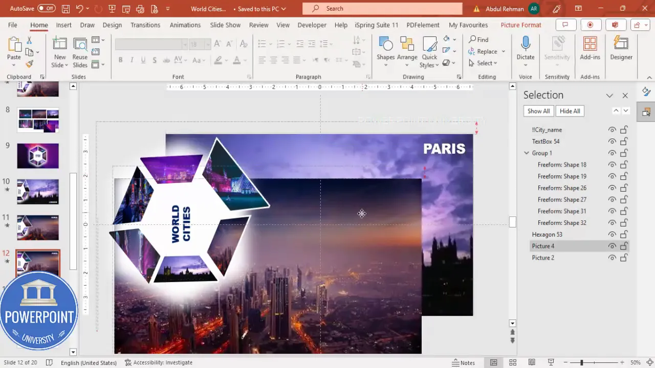 Crop the Paris background image to 16:9 and send it to back; add the label 'Paris' in bold white text