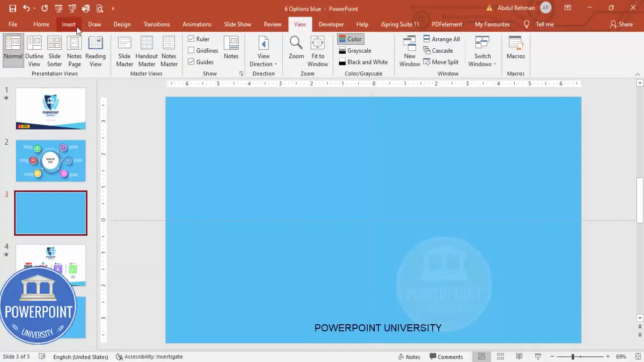 Start with a new slide and light blue background; enable guides in View