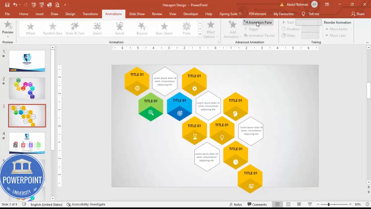 Enable the Animation Pane in PowerPoint to add Entrance animations for the 9 options infographic Slide