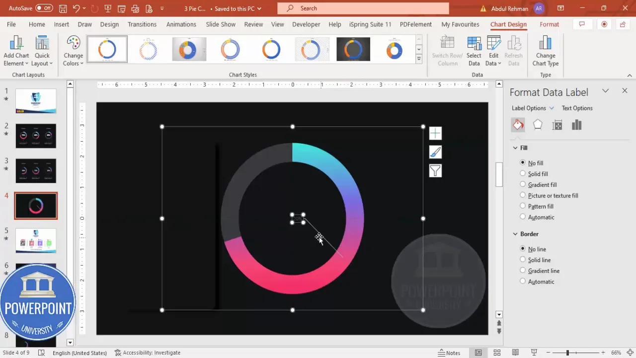 Add data labels to show percentage and move label inside the doughnut