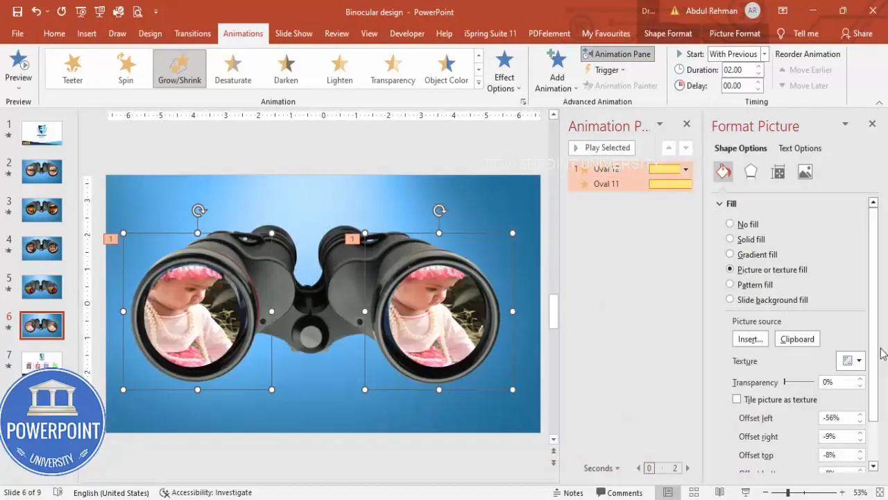 Right-click Format Shape to change the picture in the lens after duplicating the slide