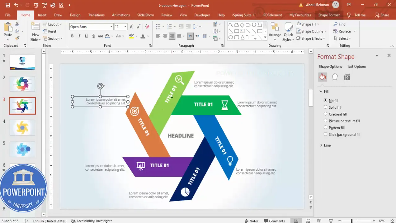 Grouping hexagon with tab, icon, and label for a single option