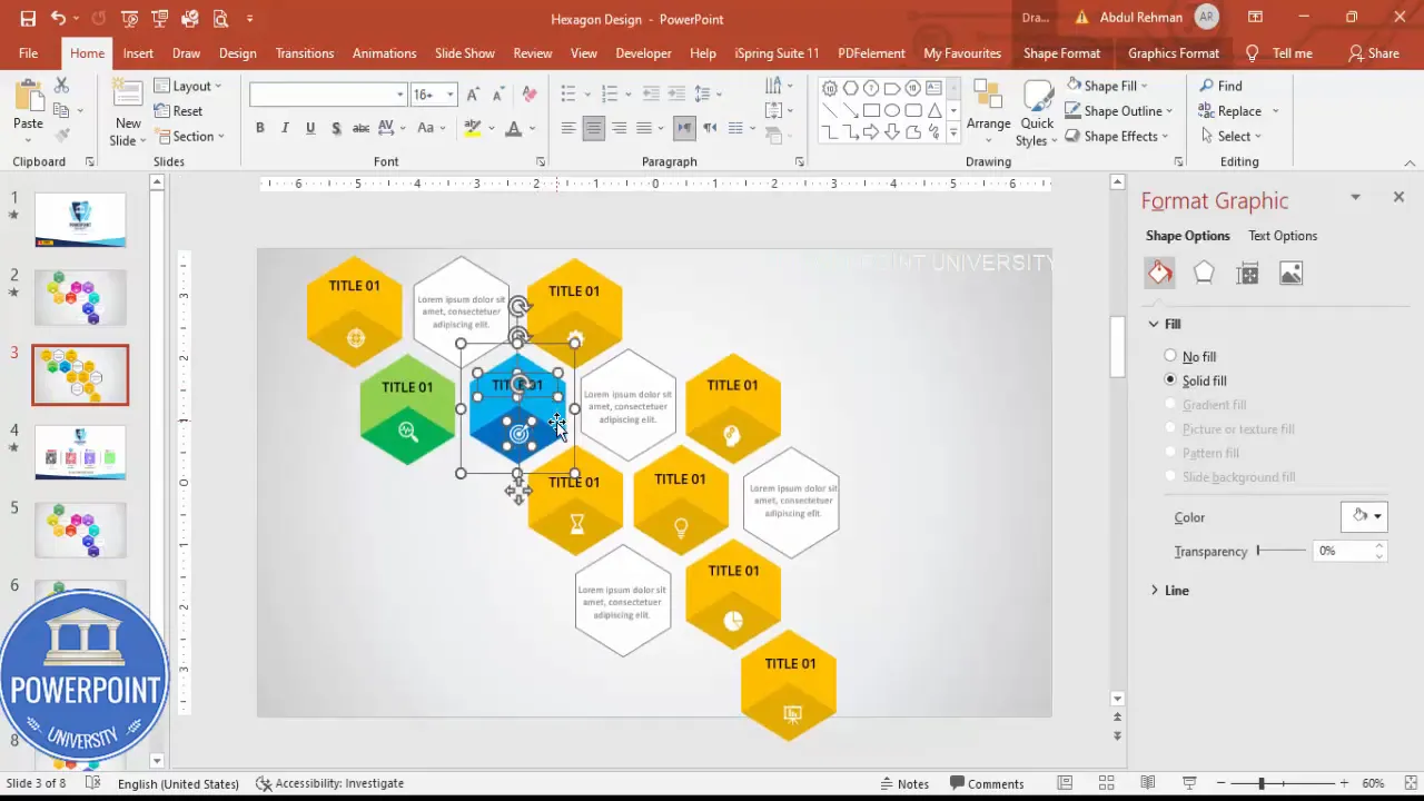 Grouping each option with Ctrl+G makes editing and animating the 9 options infographic Slide much easier