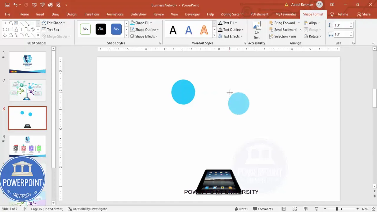 Four colored circular spheres positioned around the iPad