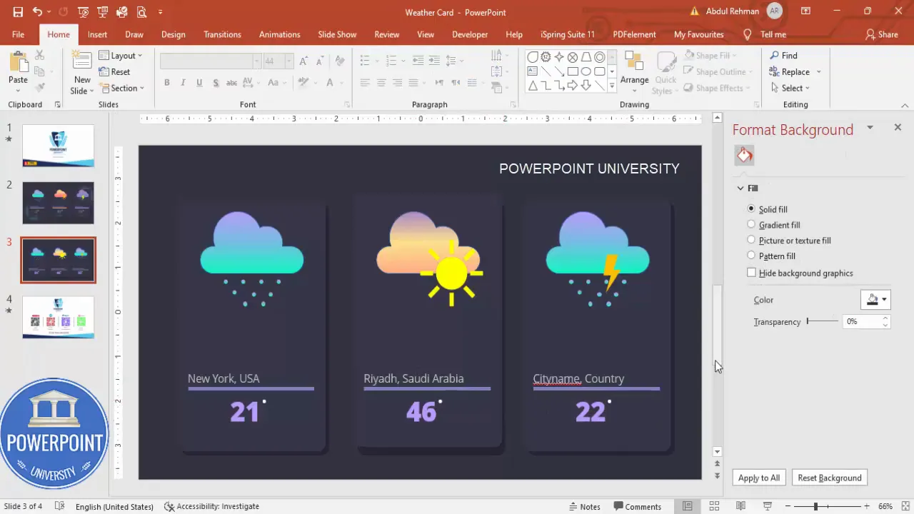 Final three weather cards: rain, sunny, thunderstorm aligned on the slide