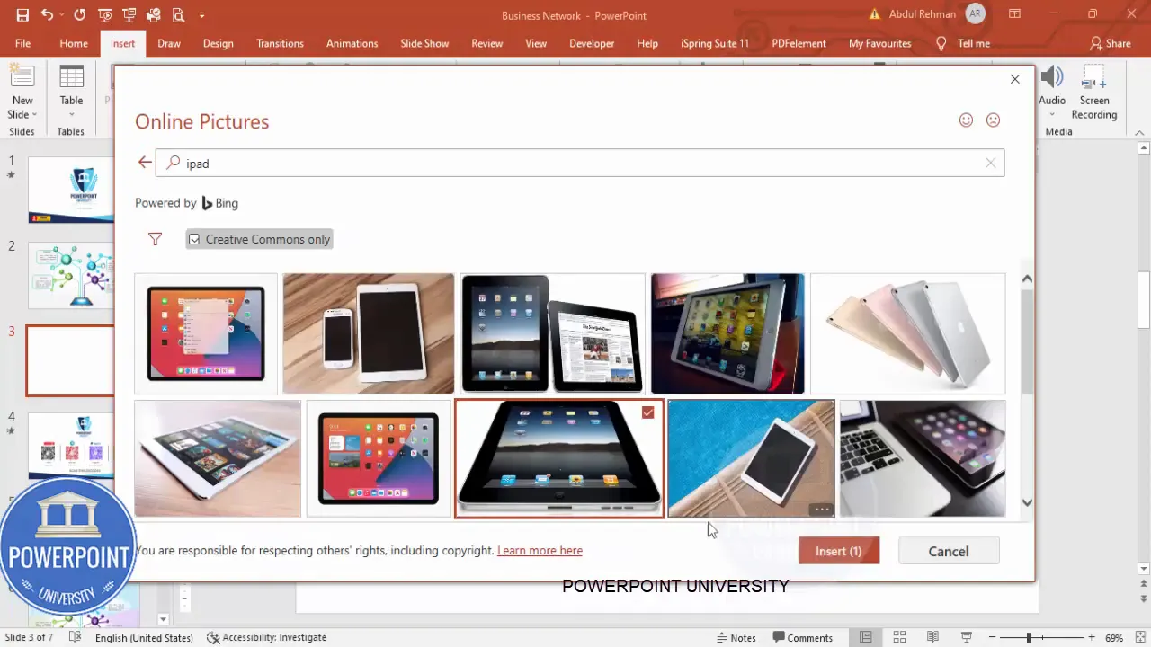 Insert pictures dialog showing search for iPad image in Online Pictures