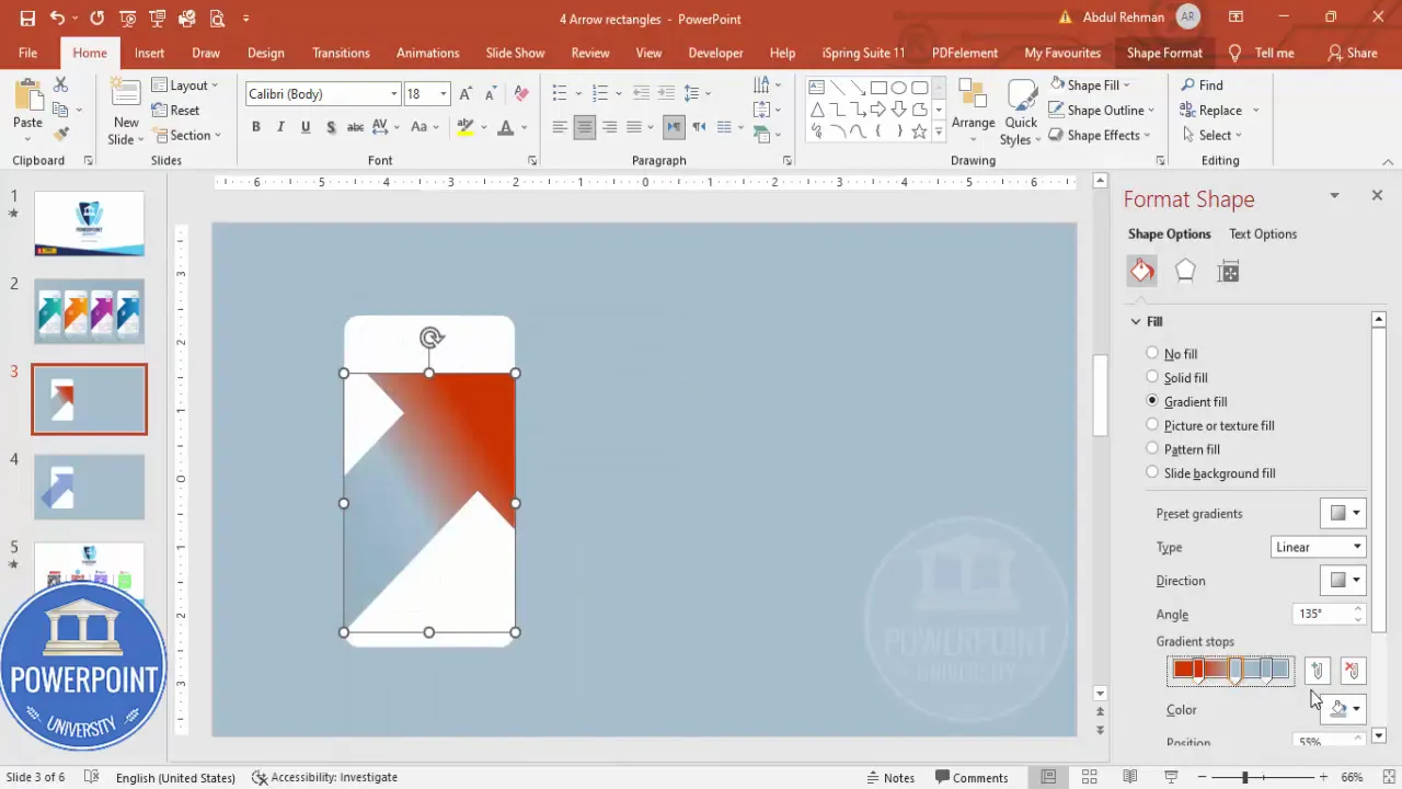Gradient fill being applied to the arrow with multiple color stops