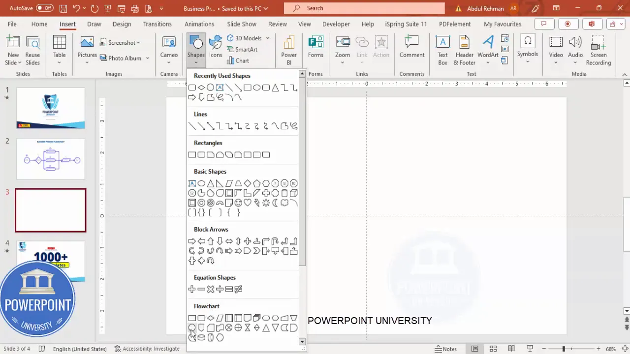 Inserting flowchart shapes in PowerPoint