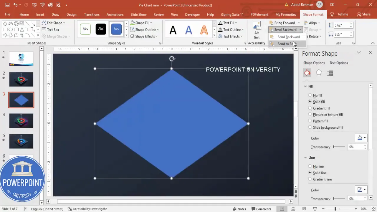 Inserting and formatting a diamond platform shape to sit under the pie chart
