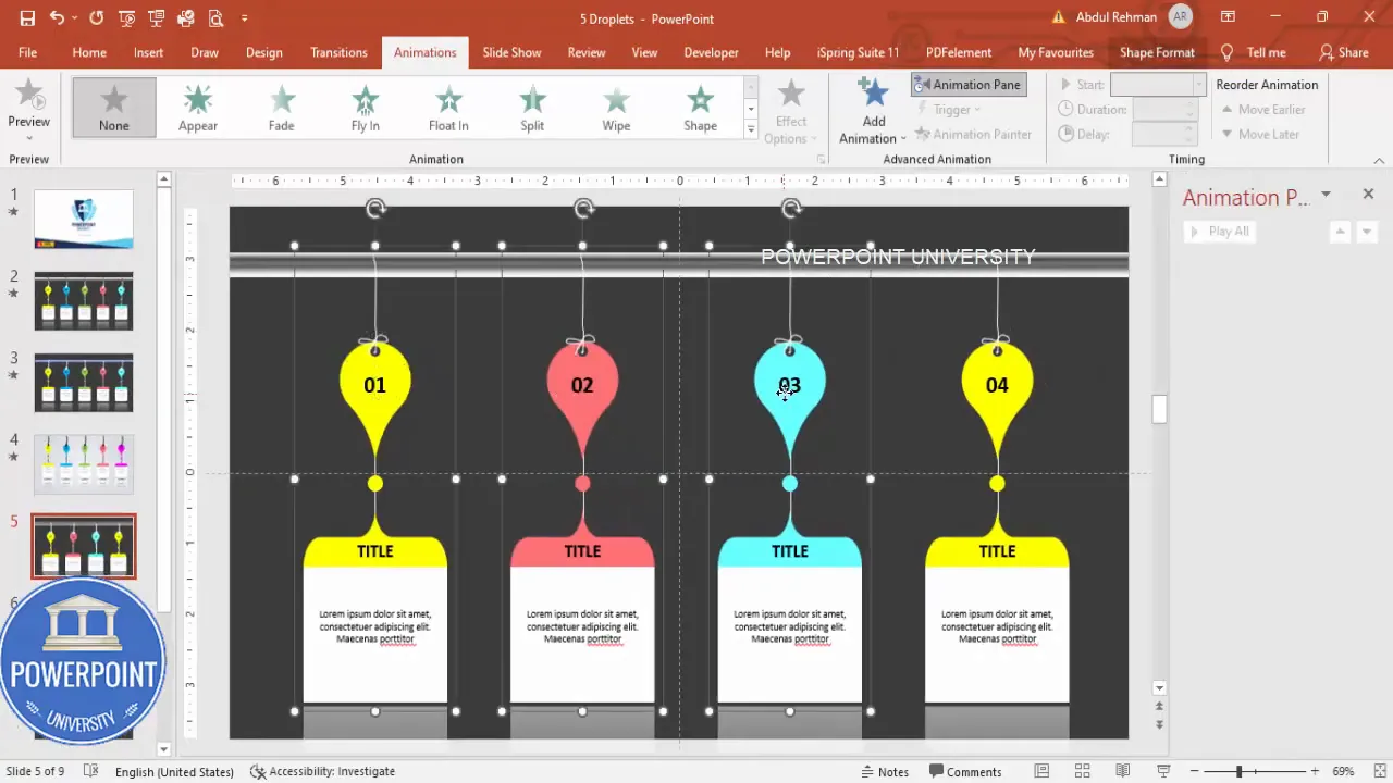 Applying Fly In animations to the hanging options and opening the Animation pane