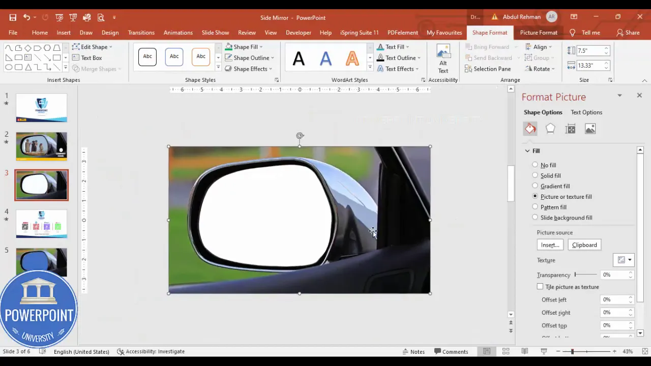 After merging shapes, mirror area is subtracted from the rectangle, showing a transparent cutout
