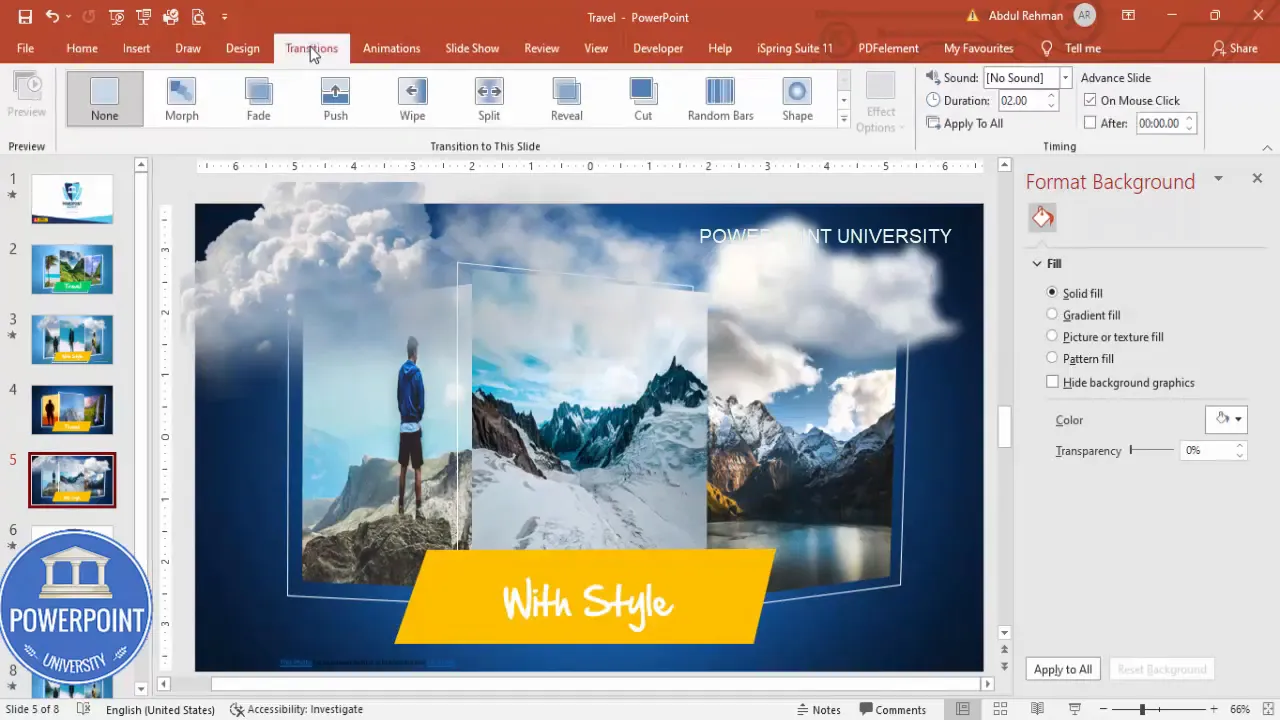 Transitions tab with Morph transition selected