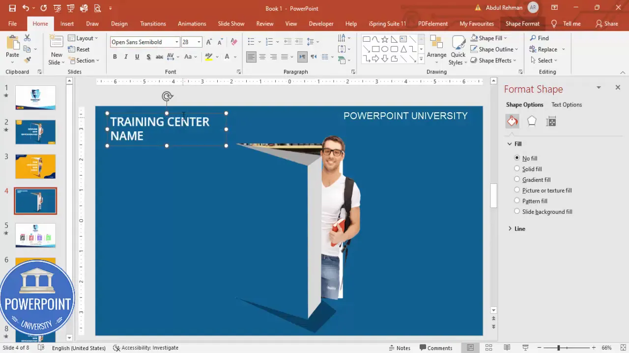 Adding the training center name text box and formatting with Open Sans