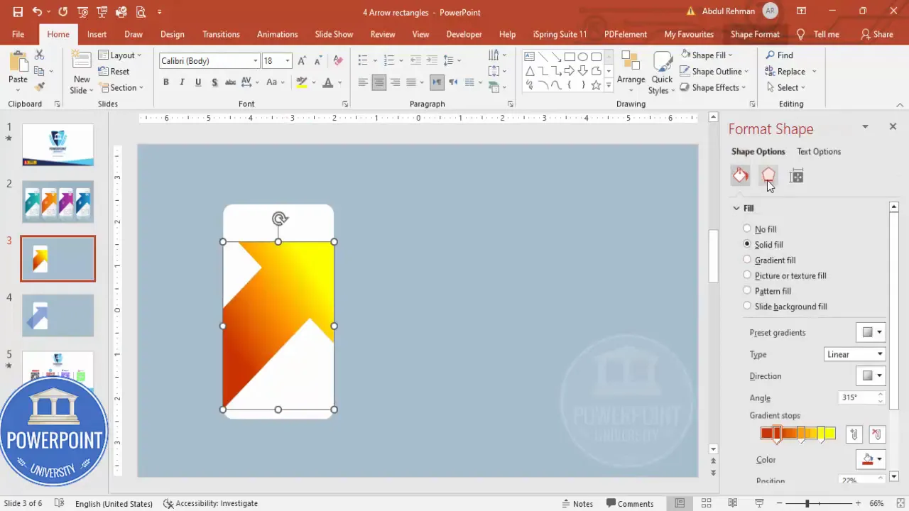 Applying shadow effects to the arrow shape to add depth
