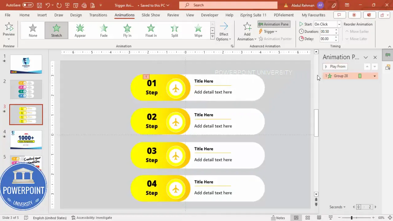 Animation pane showing stretch entrance effect