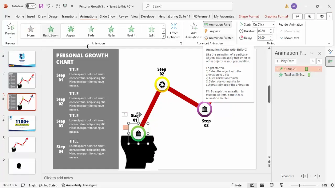 Animation pane showing entrance animations applied to step markers and text
