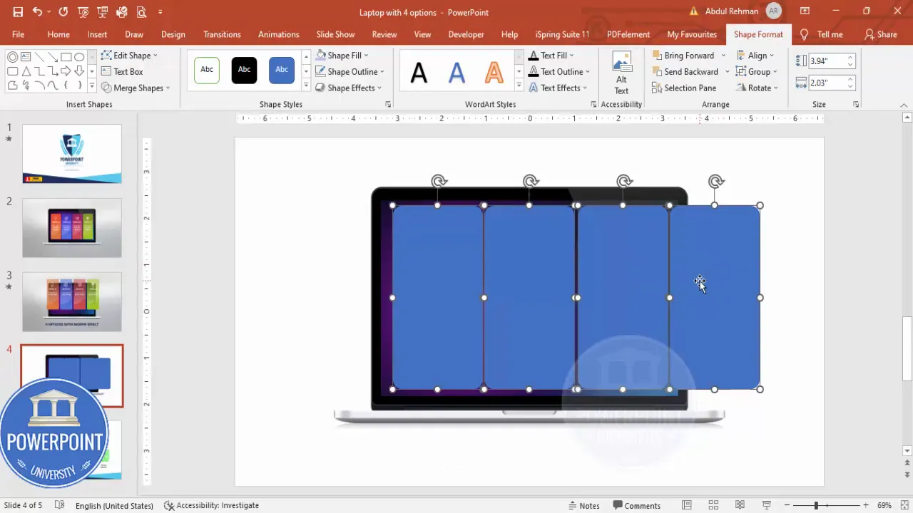 Align and distribute the four rounded rectangles horizontally