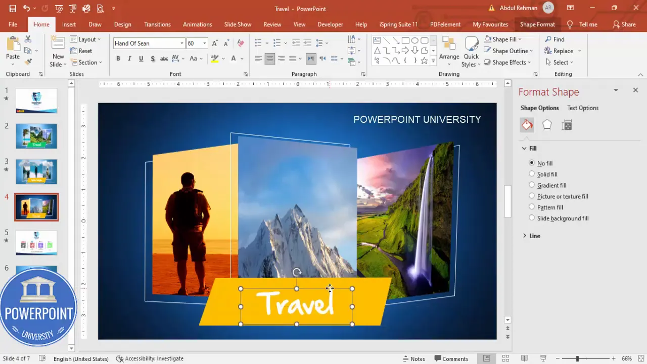 First slide completed with title 'Travel' centered in the bottom banner