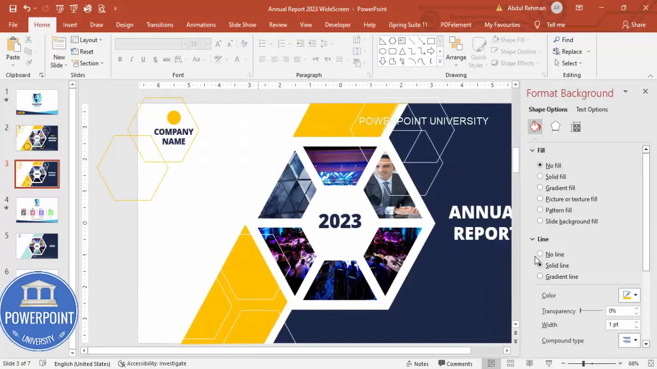 Final layout preview in Slideshow mode showing the completed Annual Report Cover Slide